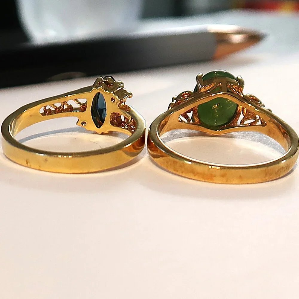 Two Rings Gold Tone Goth Style Blue and Green Stones Size 10 and Size 8.75 - Picture 5 of 7